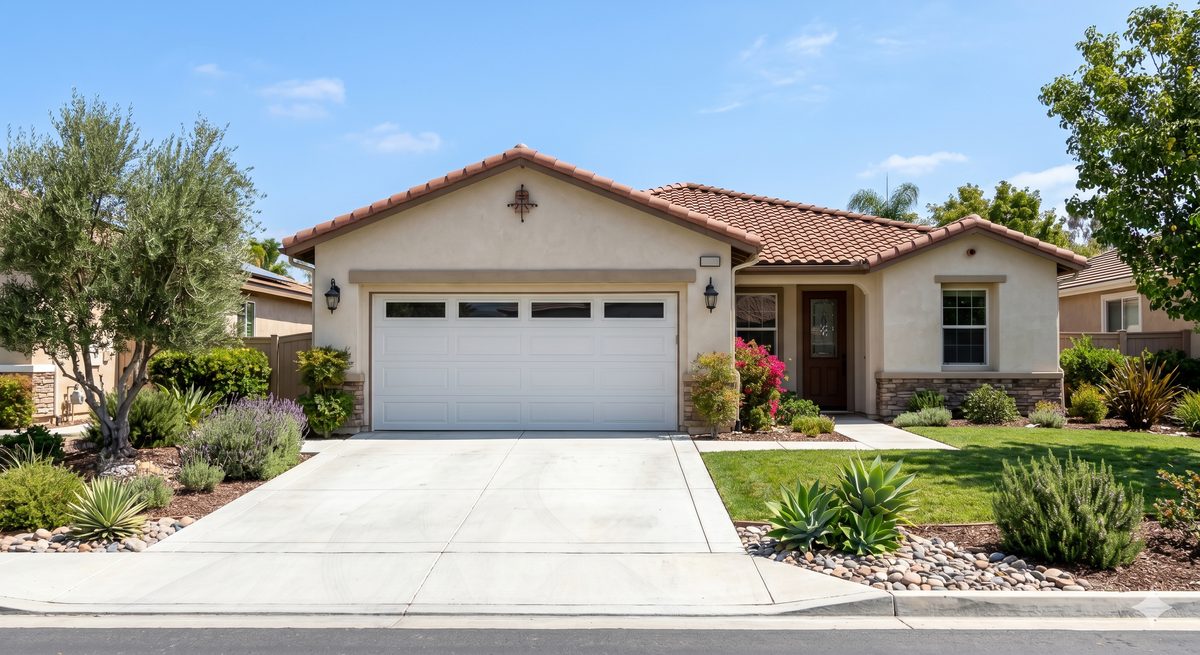 Closed white sectional garage door on a suburban home