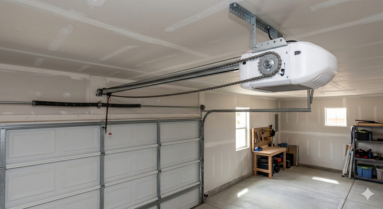 Chain-drive garage door opener motor mounted on the ceiling
