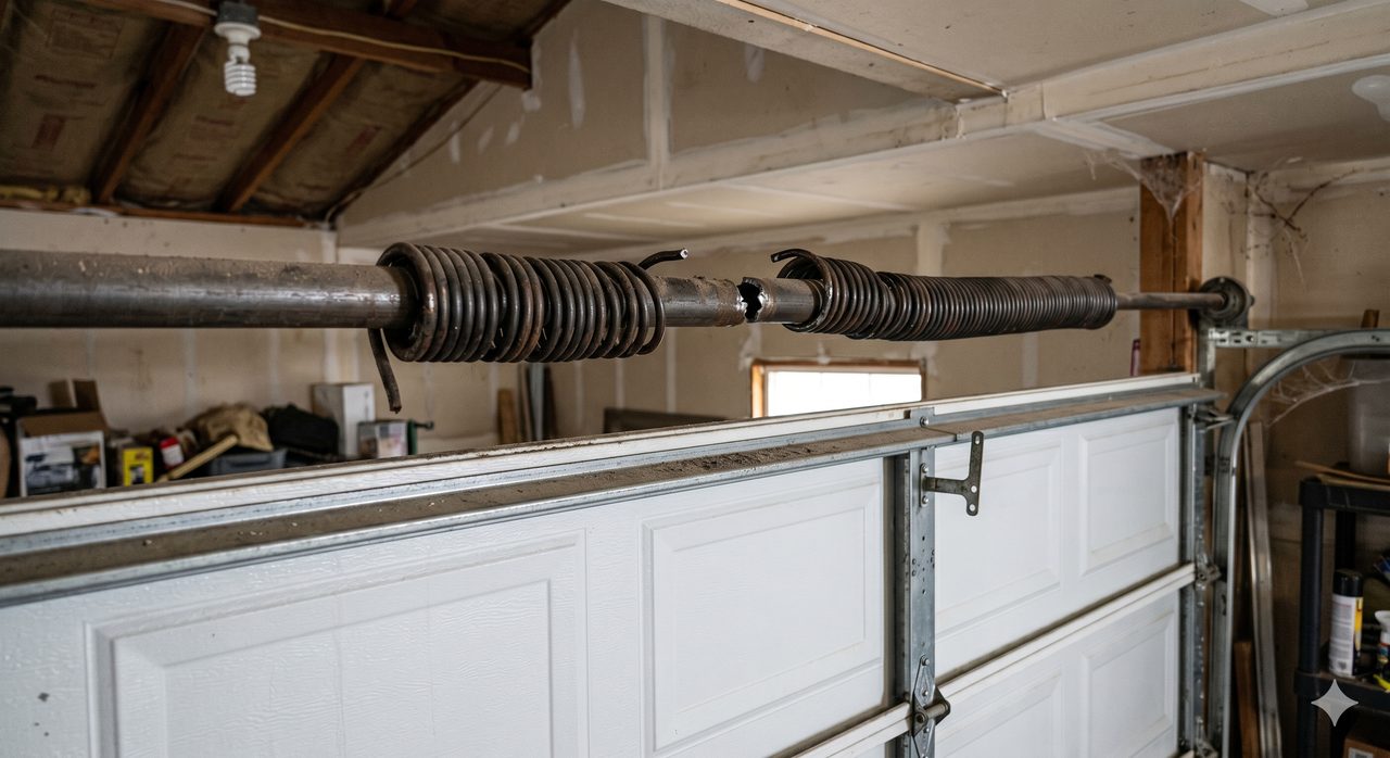 Broken garage door torsion springs above a residential door